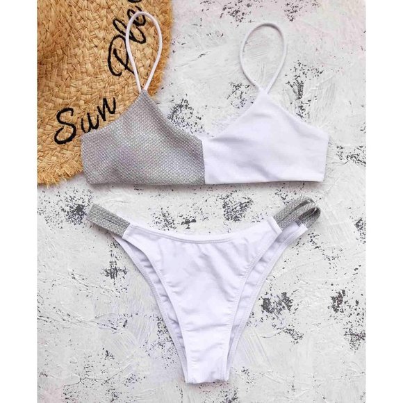 While & Silver Color Block Bikini Set - Picture 3 of 6